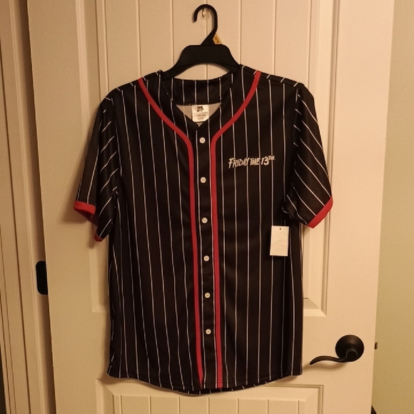 Mens Large Friday The 13th Black and Red Baseball Jersey with Pinstripes - Picture 1 of 5